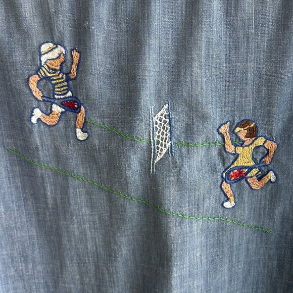 Vintage 60s 70s Hand Embroidered Denim Chambray  Shirt Tennis Floral - Picture 5 of 12